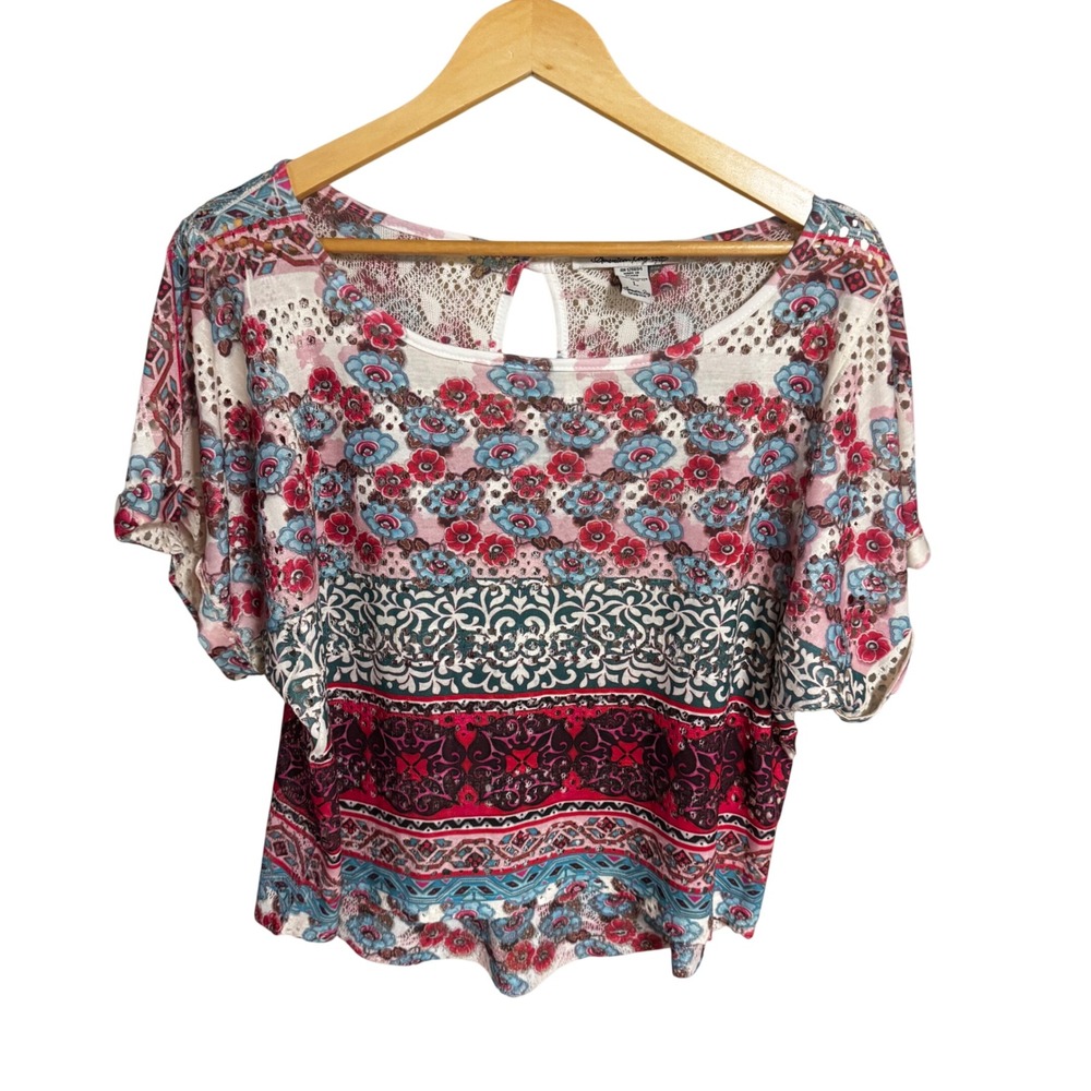 American Rag Cie Womens Large Floral Boho Lace Yoke‎ Keyhole Back Top Red Blue